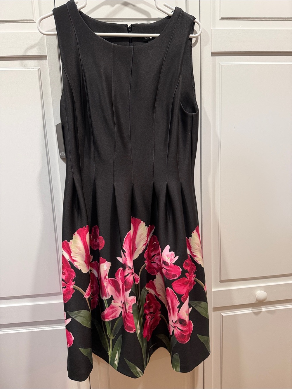 Halston Black Floral Fit-and-Flare Dress with Pink and Green Accents
